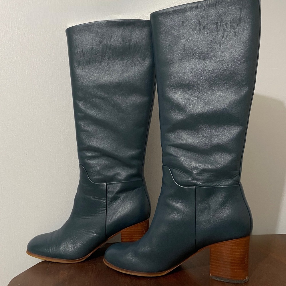 Boden Olivia Teal Leather Heeled Boots 38 Slip On Calf Boot - Picture 10 of 13